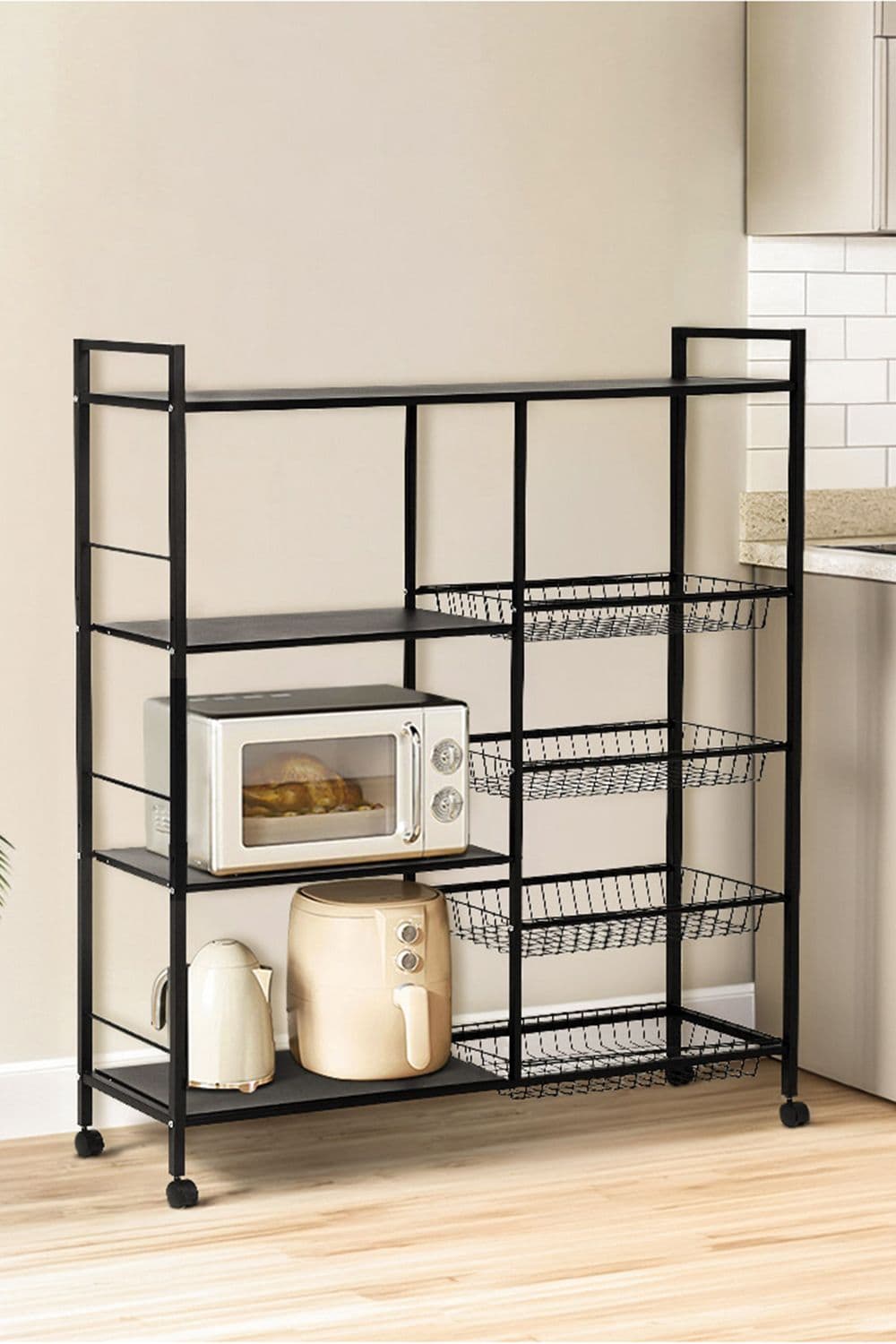 Kitchen Microwave Oven Vegetable Storage Metal Rolling Cart with 4 Mesh Baskets and 3 Shelves
