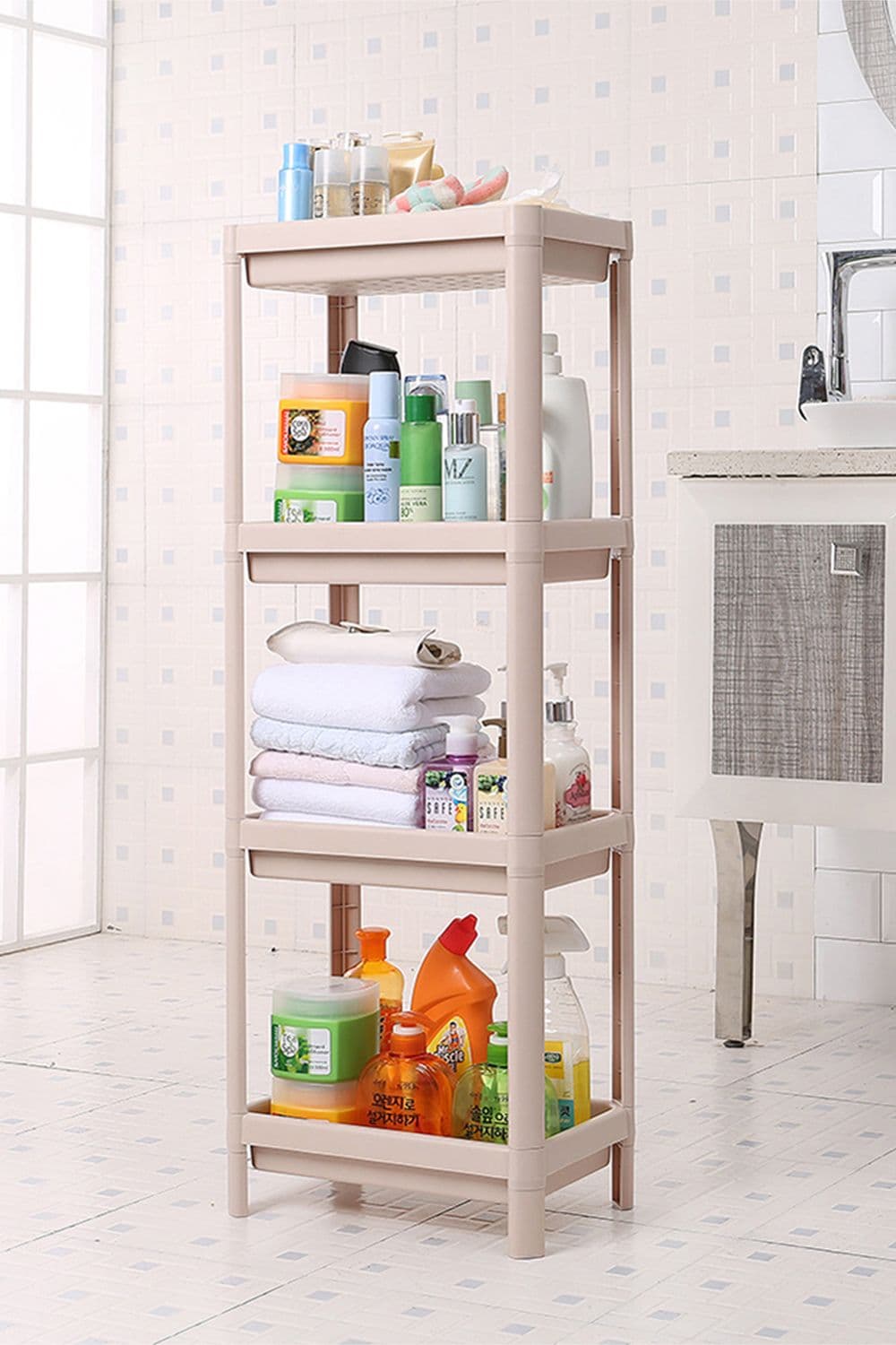 4-Tiers Freestanding Plastic Corner Storage Rack For Bathroom or Kitchen