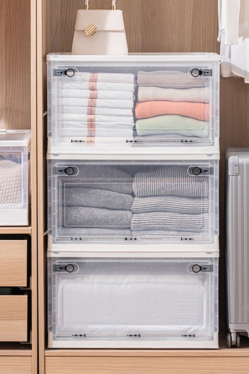 3 Pack Collapsible Storage Box Medium Stackable Clear Plastic Storage Box Organizer