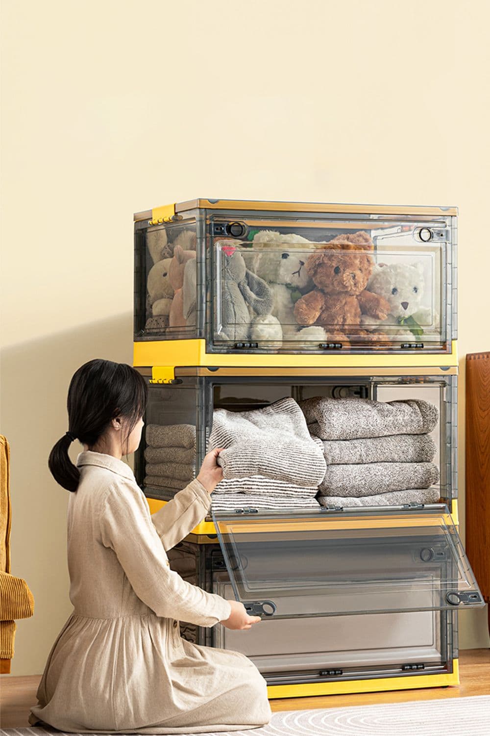 3Pcs Collapsible Storage Box Large Size Stackable Clear Plastic Storage Box With Wheel