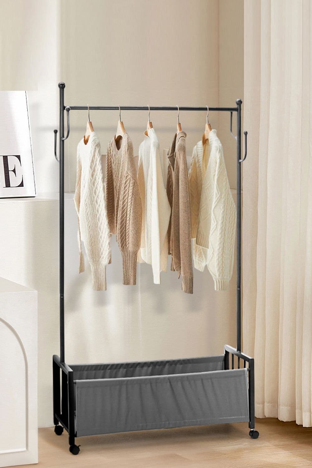 Free Standing Clothes Rack with Bottom Basket and Wheels