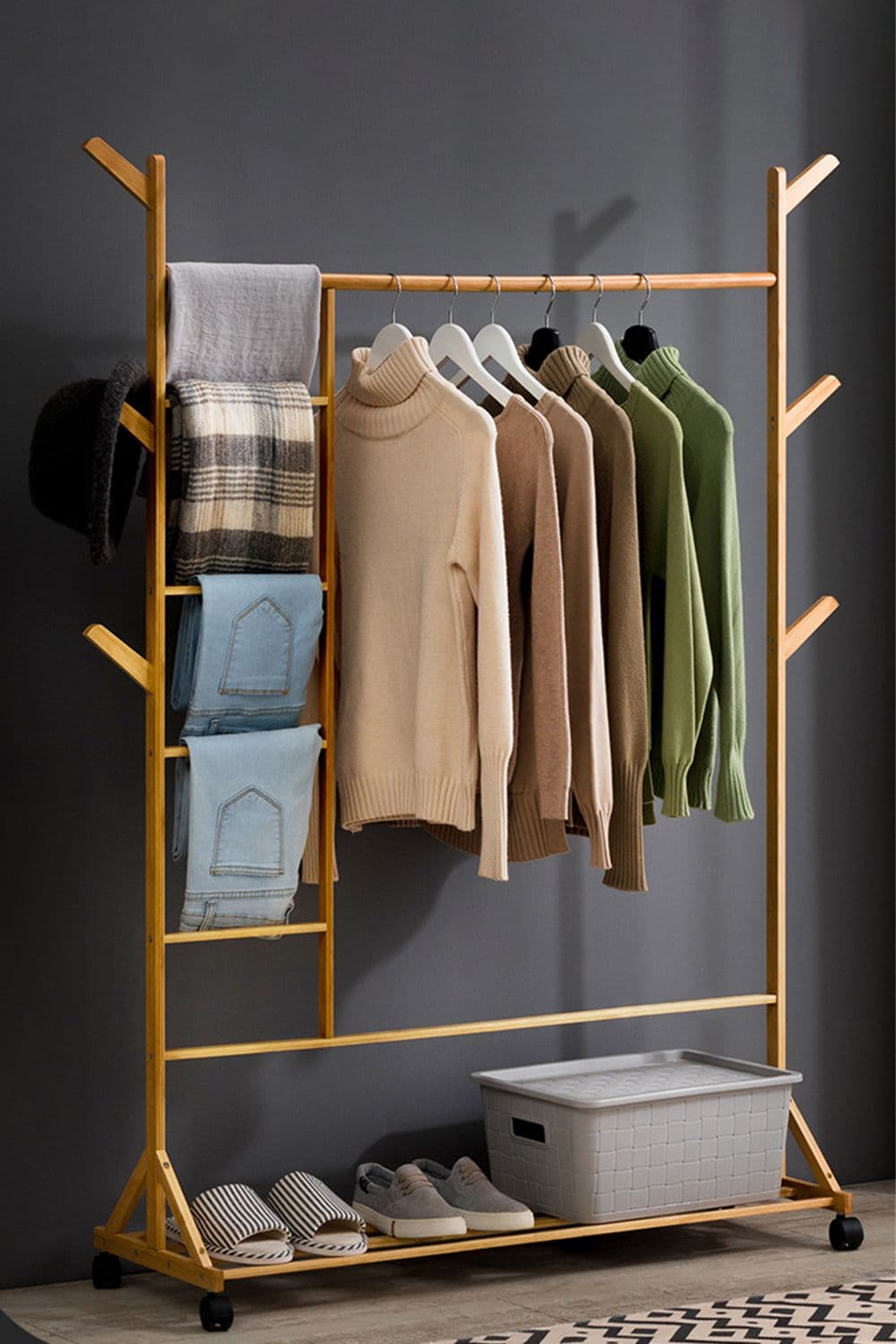 Stylish Bamboo Clothes Rack with Bottom Shelf Versatile Shoe and Clothing Organizer