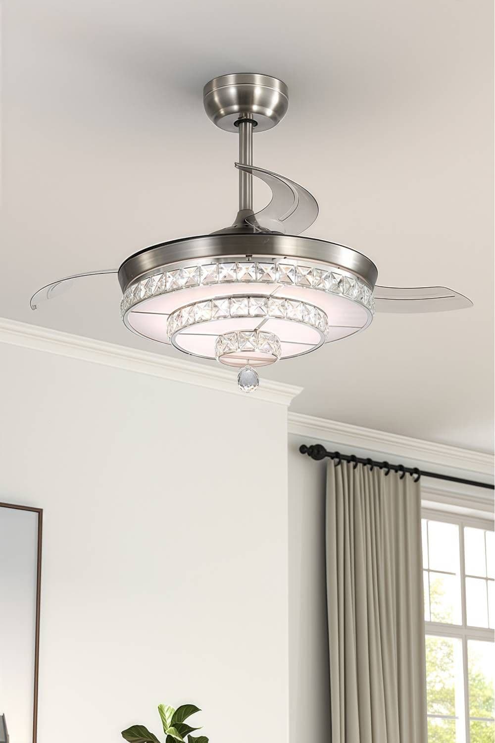 47W Remote Control Acrylic Ceiling Fan Light with Retracted Blades