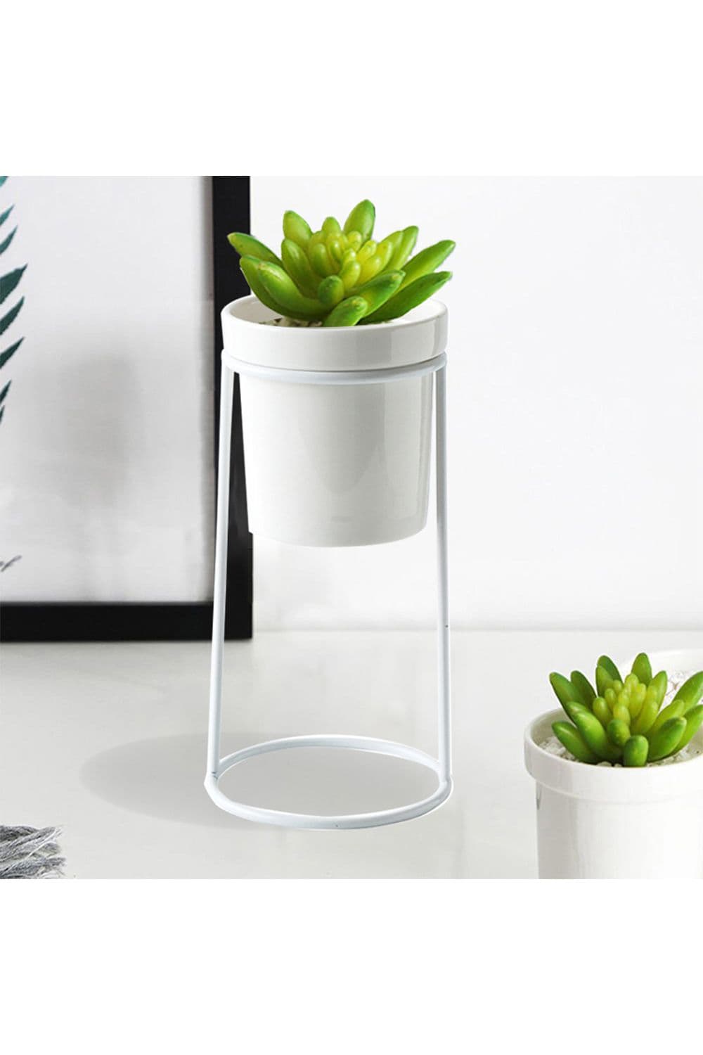 White Cylindrical Ceramic Planter with Metal Stand