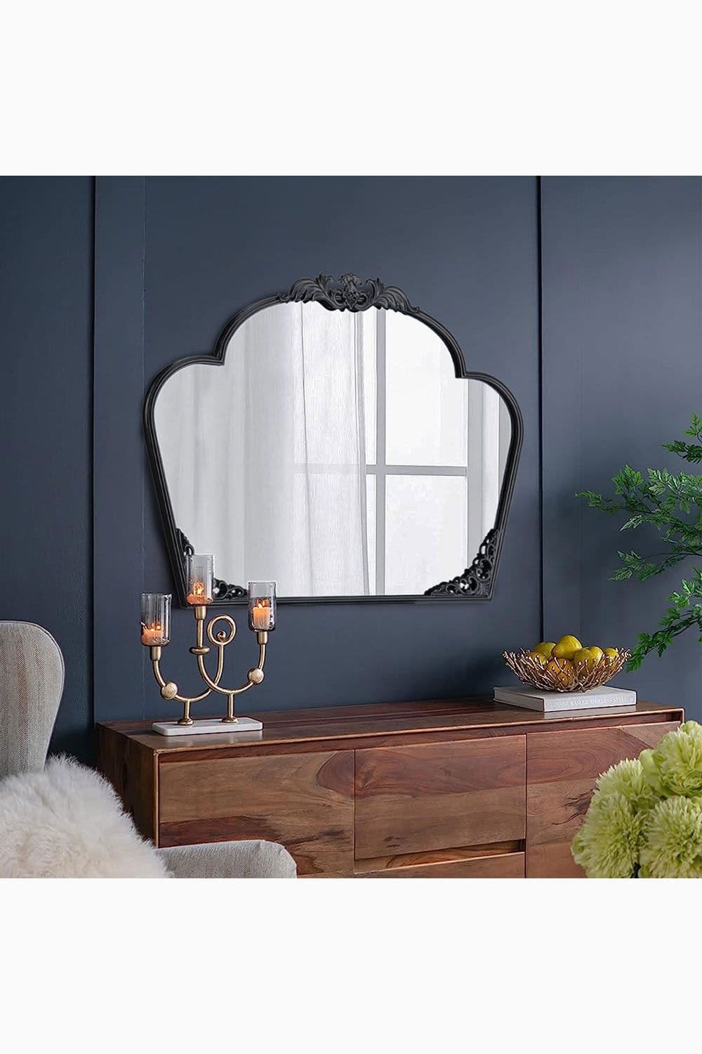 88cm W x 69cm H Black Crown-Shaped Carved Wall Mounted Metal Frame Makeup Mirror