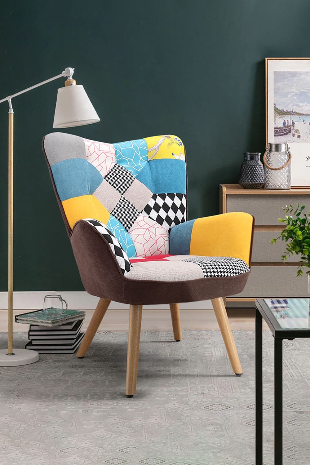 Patchwork Tufted Button Linen Accent Chair with Wooden Legs