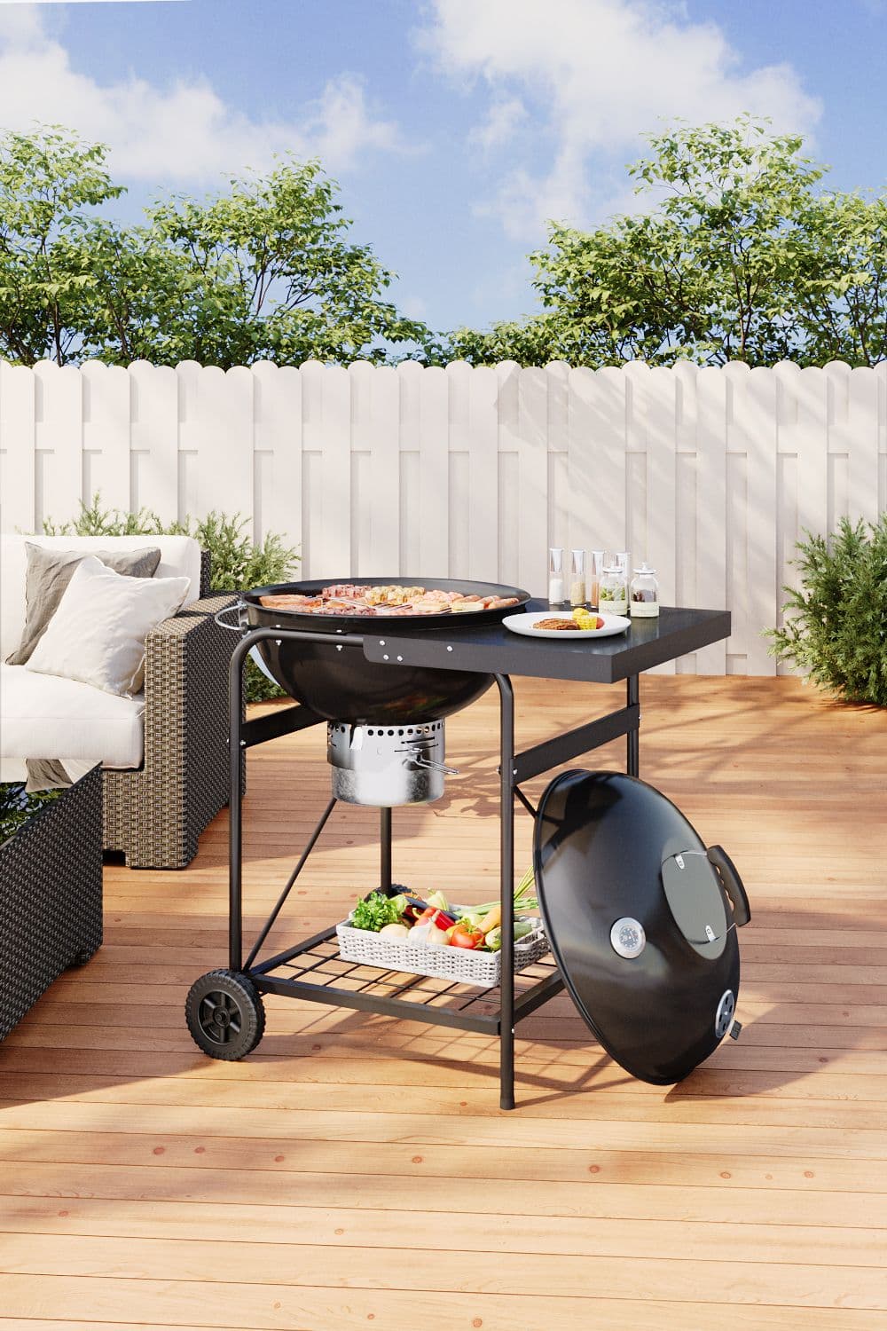 Round Outdoor Charcoal Grill with Side Table