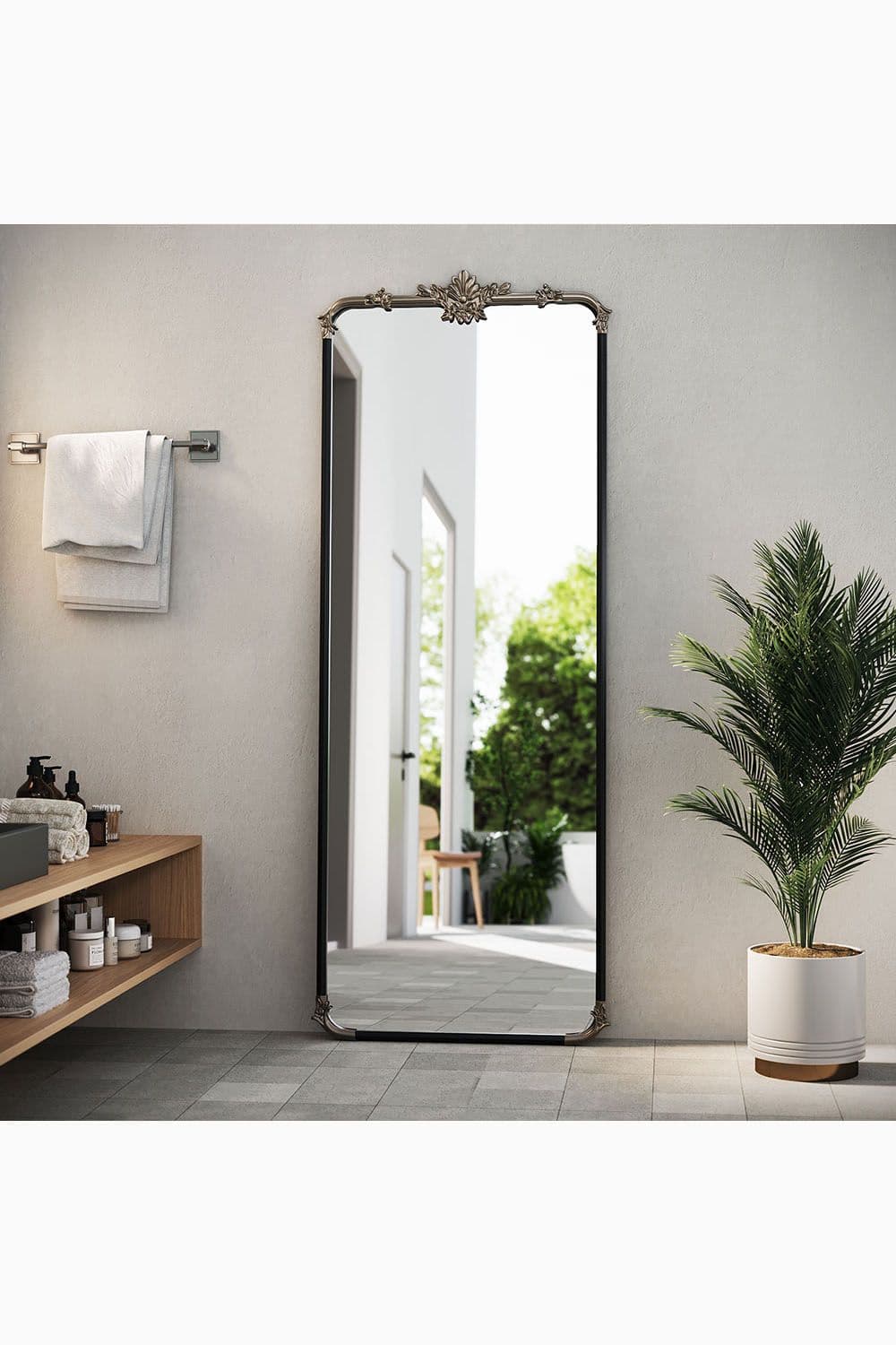 60cm W x 160cm H Flower Carved Rounded Rectangular Full Length Mirror with Metal Frame