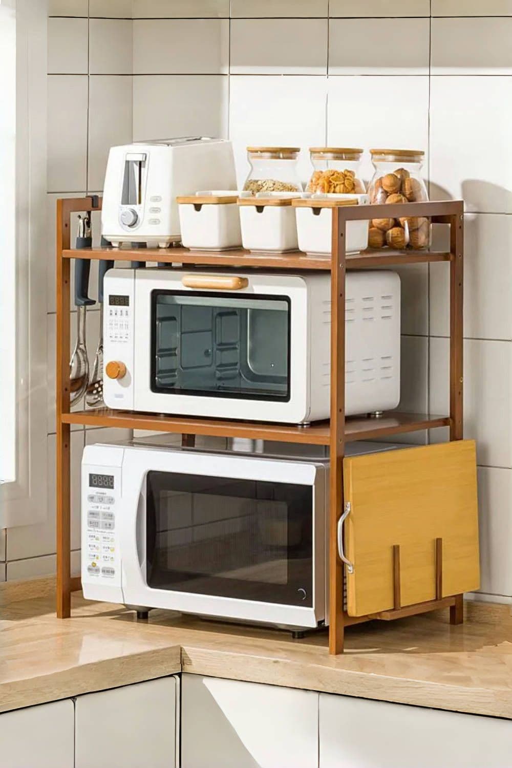 3-Tier Wooden Spice Rack Organizer Microwave Oven Rack with Hooks & Chopping Board Holder Kitchen Organizer Storage Shelf