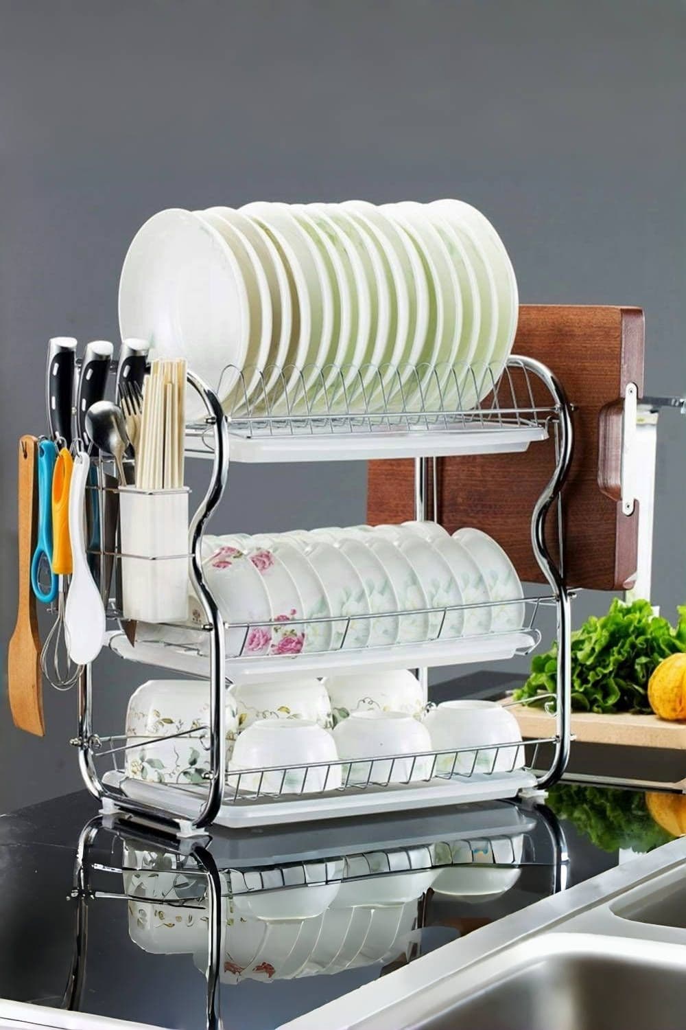 3 Tier Dish Drainer Rack Plate Draining Tray Board Kitchen Washing Storage with Utensils Hooks