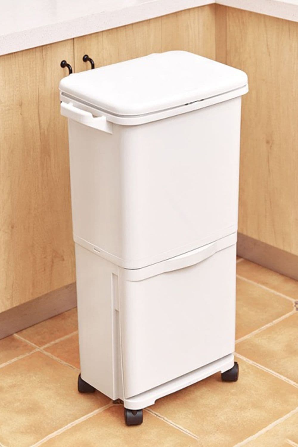 38L Rubbish Bin Dustbin Compartments Removable Pedal Recycling Waste Trash Can Kitchen with Hooks Wheels