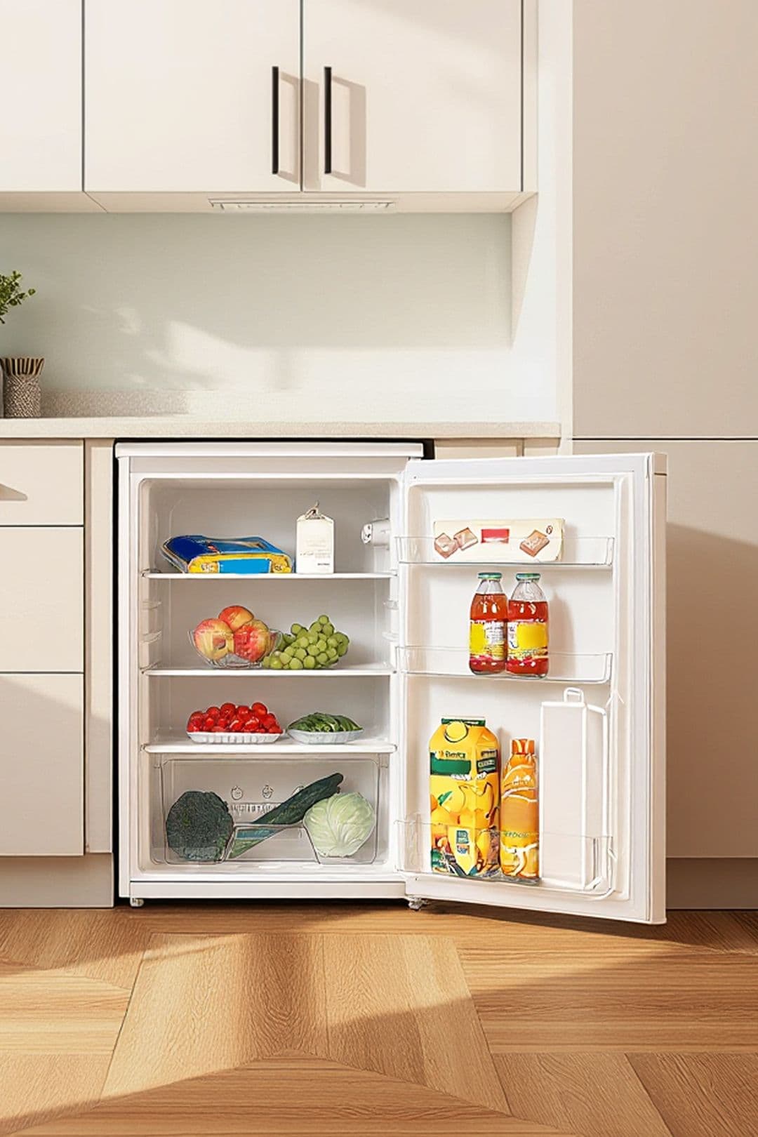 131L Freestanding Under Counter Fridge Refrigerator with Light, Removable Shelves, Drawer