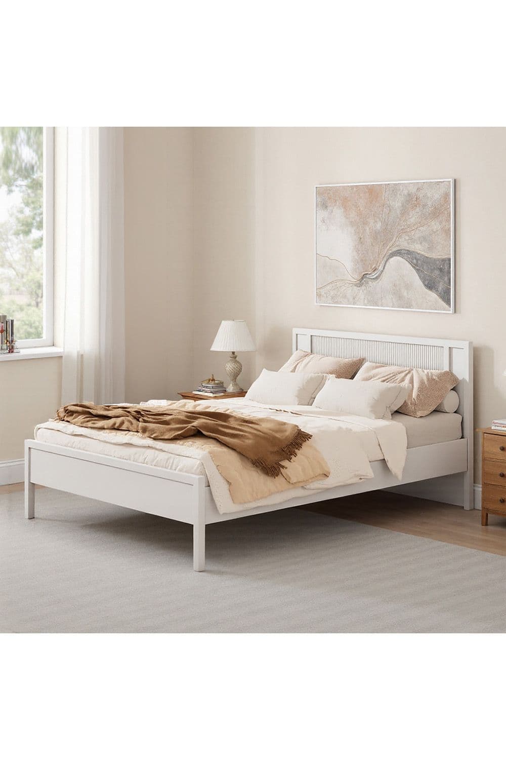 White Striped Dual Row Wooden Bed Frame