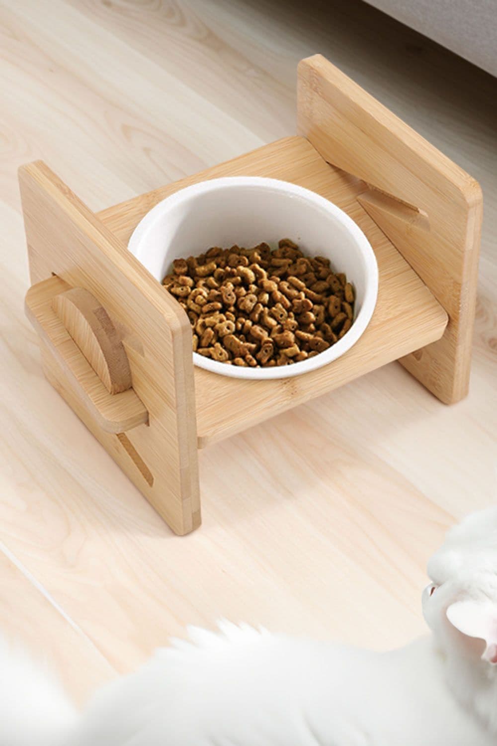 Adjustable Bamboo and Wood Cat Food Rack, Ceramic Bowl and Basin Rack