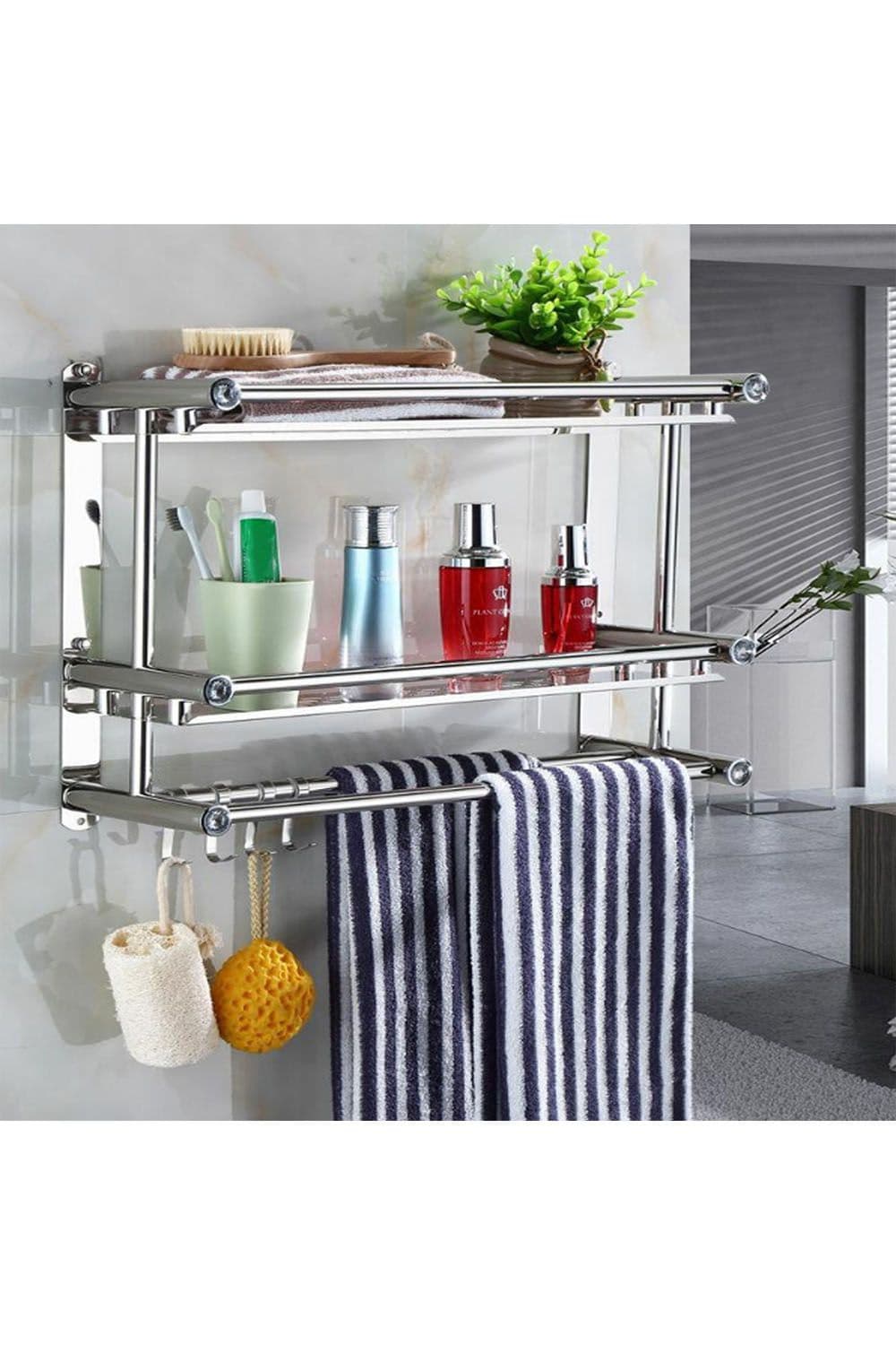 2-Tier Wall Mounted Stainless Steel Bathroom Shelf with Towel Bars