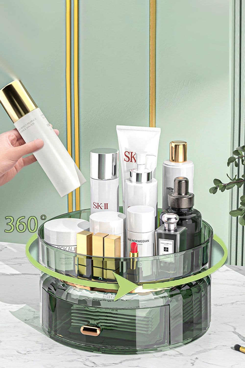 360 Rotating Makeup Storage Tray with Drawer Spinning Skincare Cosmetic Organizer