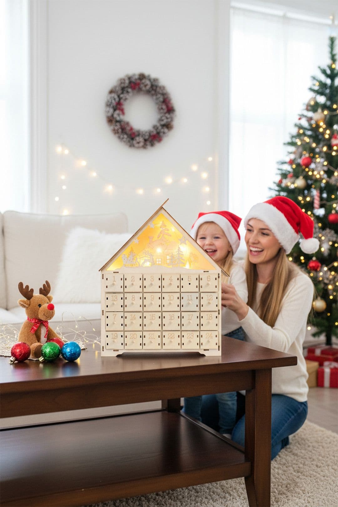 DIY Old Man Deer Small House Calendar Cabinet with Light for Christmas countdown, 30cm L x 5cm W x 38cm H