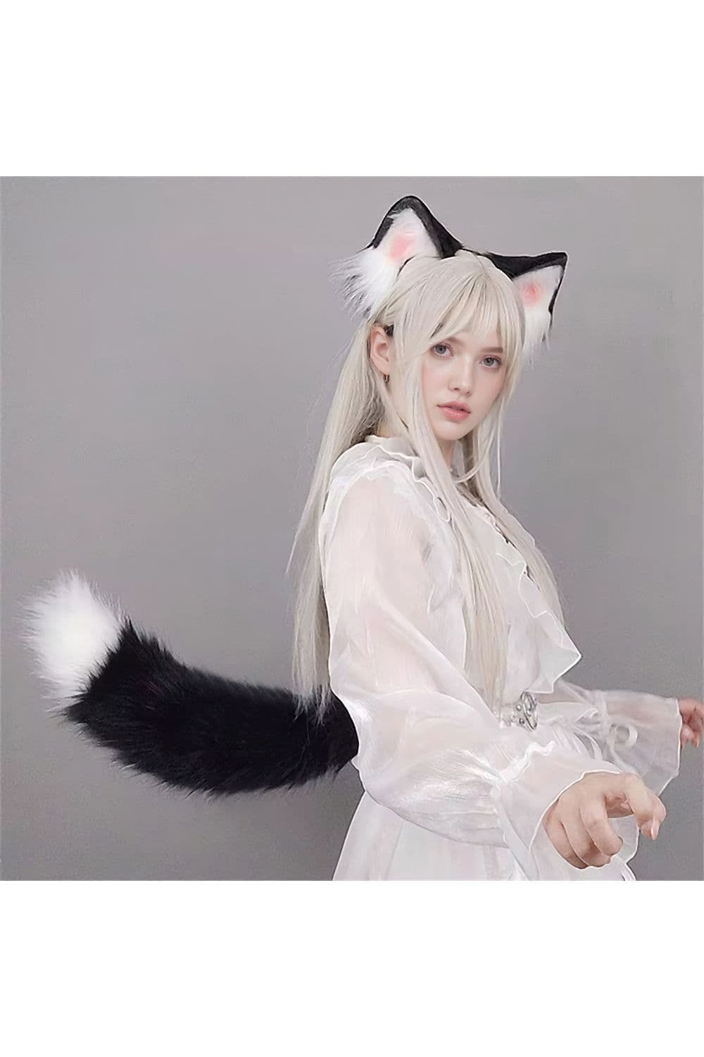Two-Piece Set Halloween Party Cosplay Props Simulation Plush Fox Tail Cat Ear Headband , Black & White