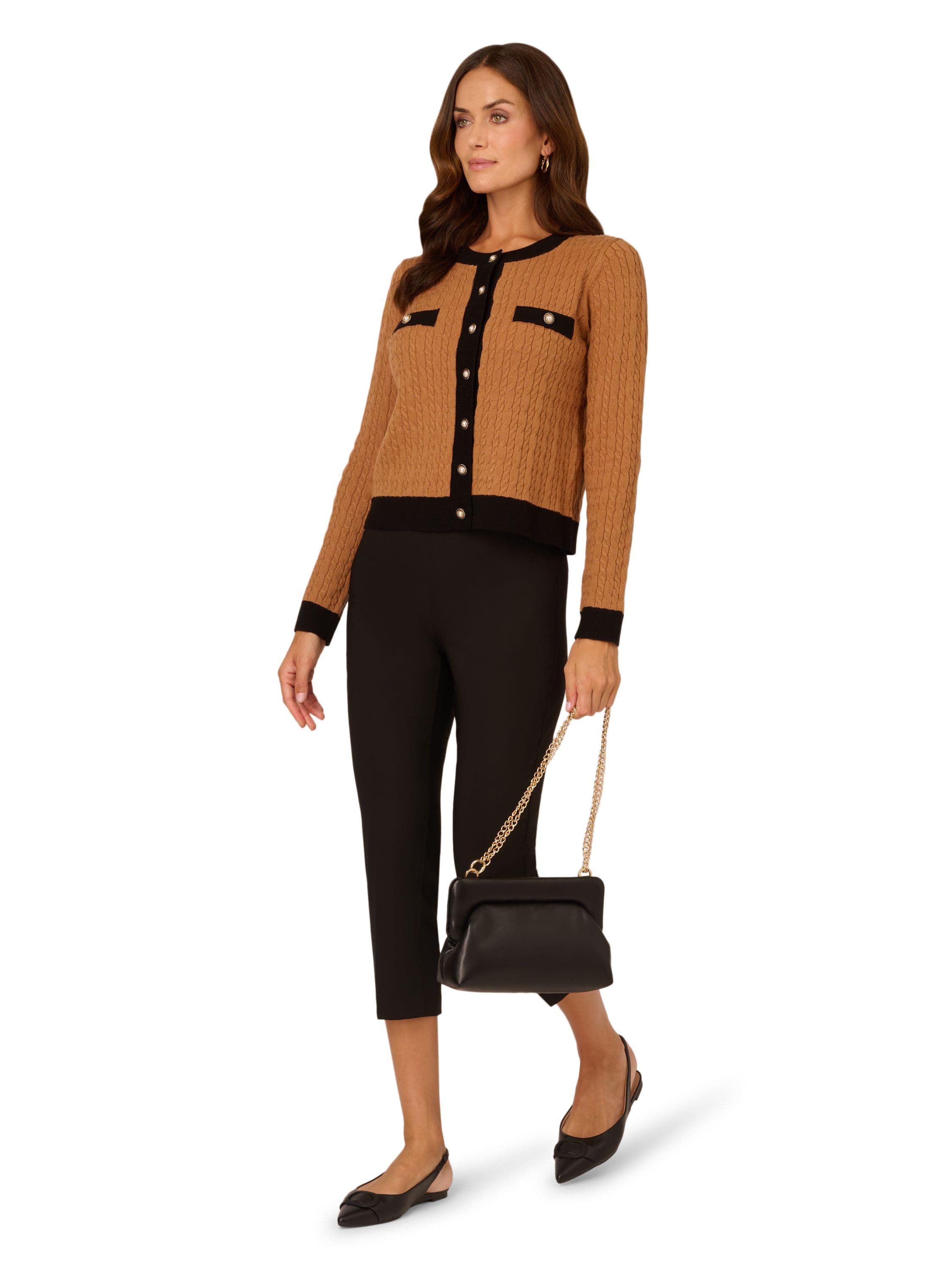 Crew Neck Like Contrast Cable Cardigan Sweater