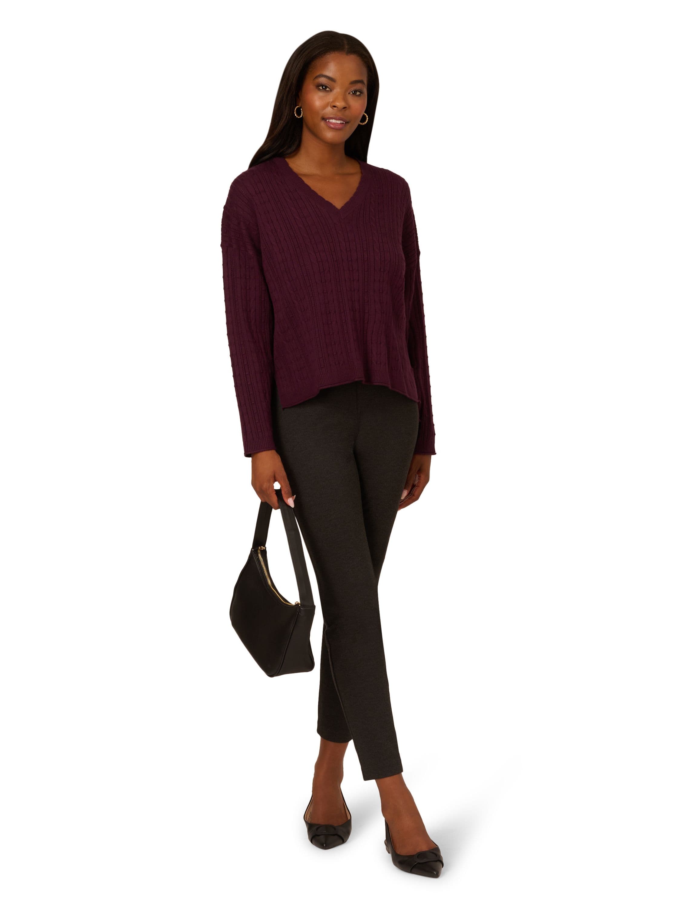 V Neck Pointelle Long Sleeve Sweater