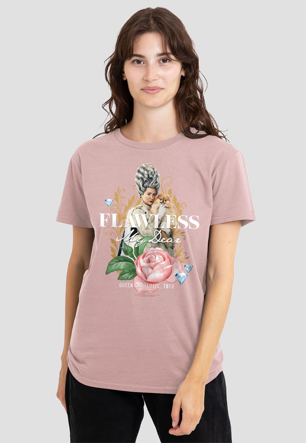 Netflix Women's Bridgerton - Flawless My Dear T-Shirt, Powder Rose in Pink | Size: XL