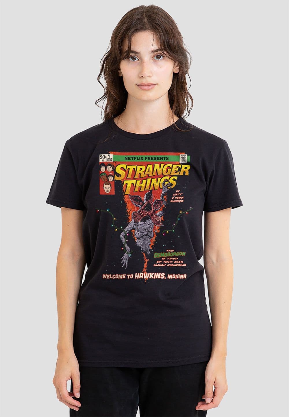 Stranger Things Women's Welcome To Hawkins Comics T-Shirt, Black | Size: 2XL