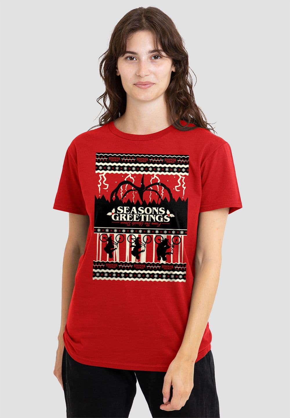 Stranger Things Women's Fair Isle Christmas T-Shirt, Red | Size: 2XL