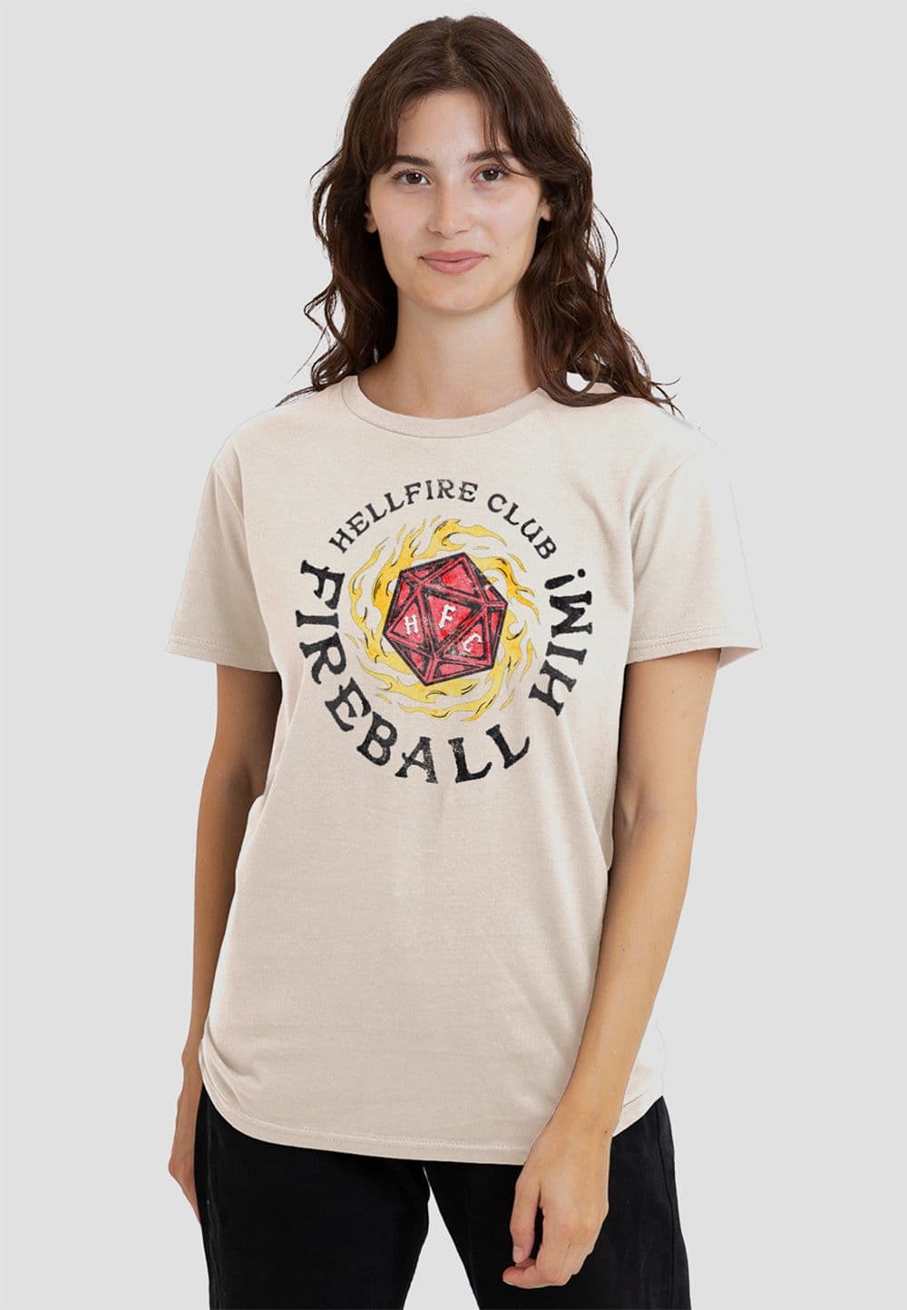 Stranger Things Women's Hellfire Club Fireball Him T-Shirt, Natural | Size: Small