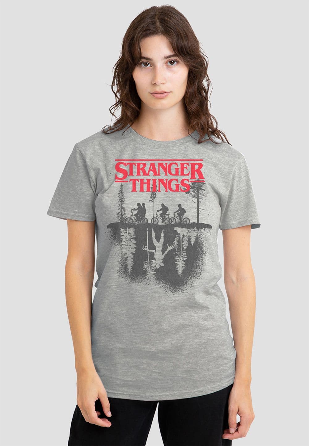 Stranger Things Women's Silhouette Forest Logo T-Shirt, Athletic Heather in Grey | Size: Small