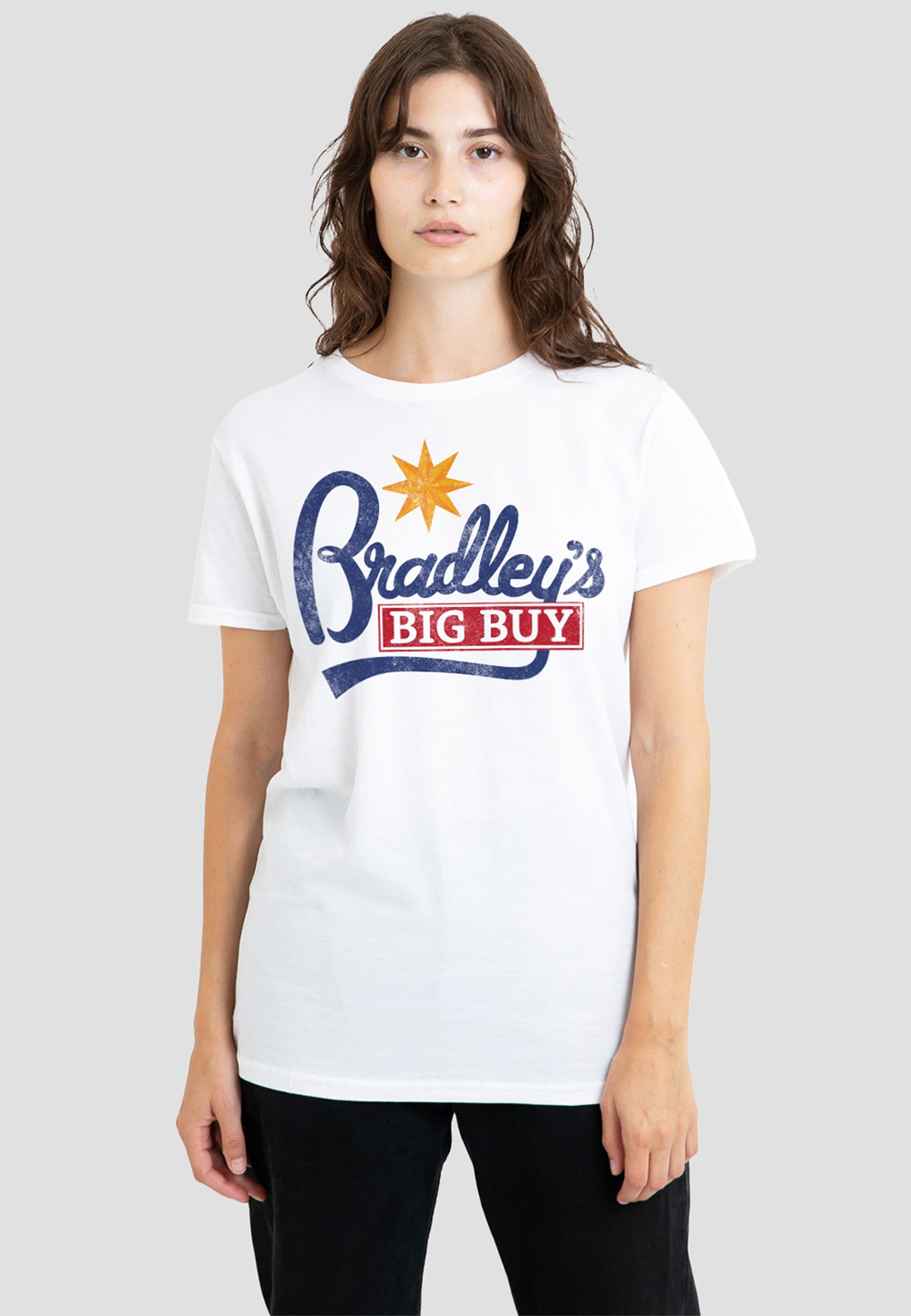 Stranger Things Women's Bradley'S Big Buy Logo T-Shirt, White | Size: Large
