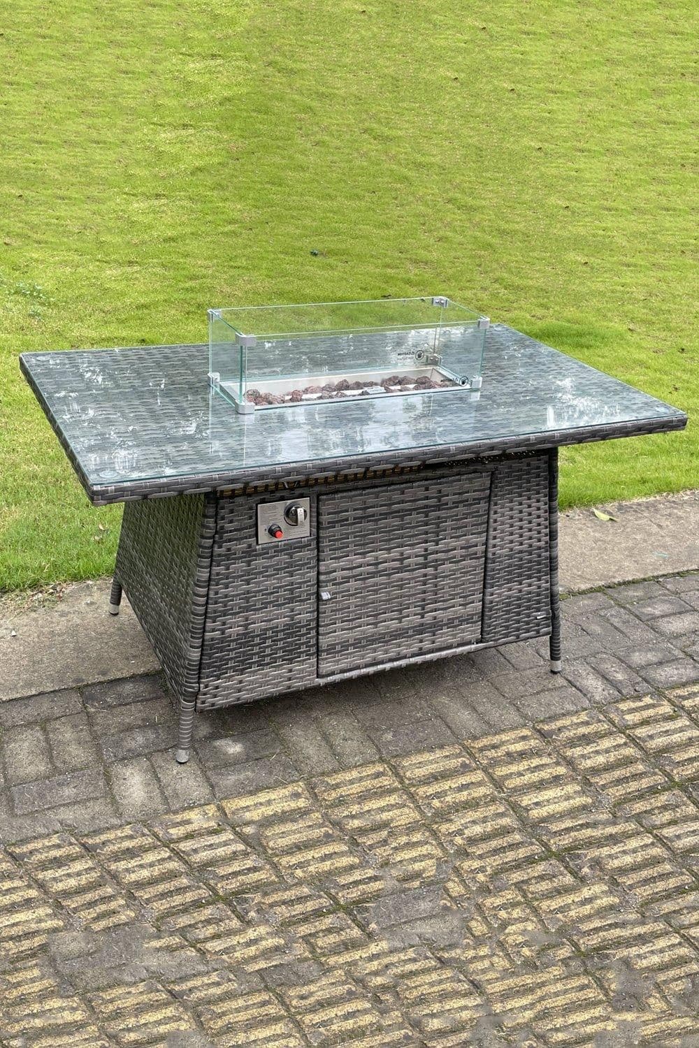 PE Wicker Rattan Gas Fire Pit Dining Table Gas Heater Burner Patio Clear Tempered Glass