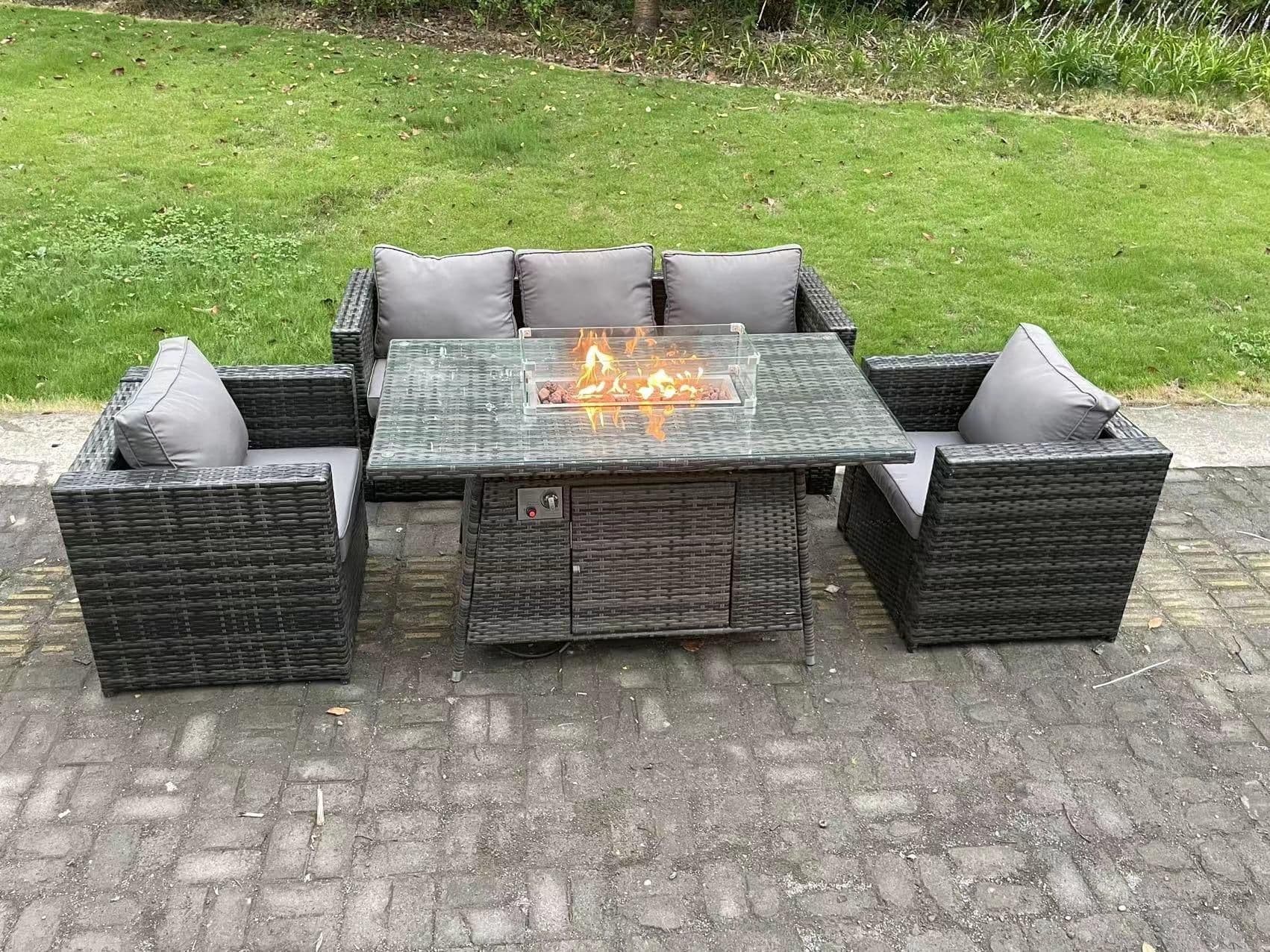 Pe Wicker 5 Seater Rattan Gas Fire Pit Table Heater Sets Lounge Sofa Chair