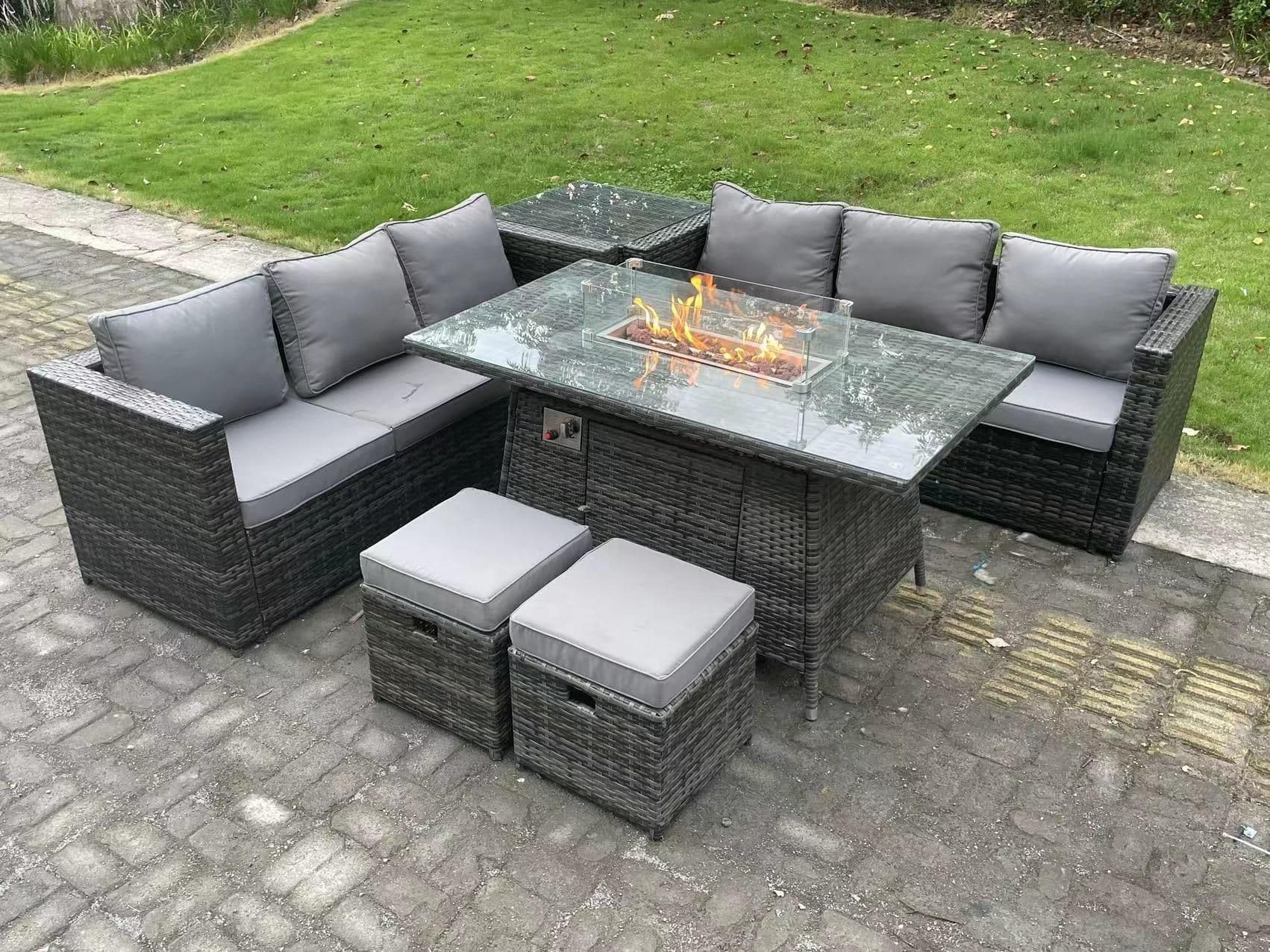 8 Seater Outdoor Rattan Gas Fire Pit Table Sets Heater Lounge Footstools