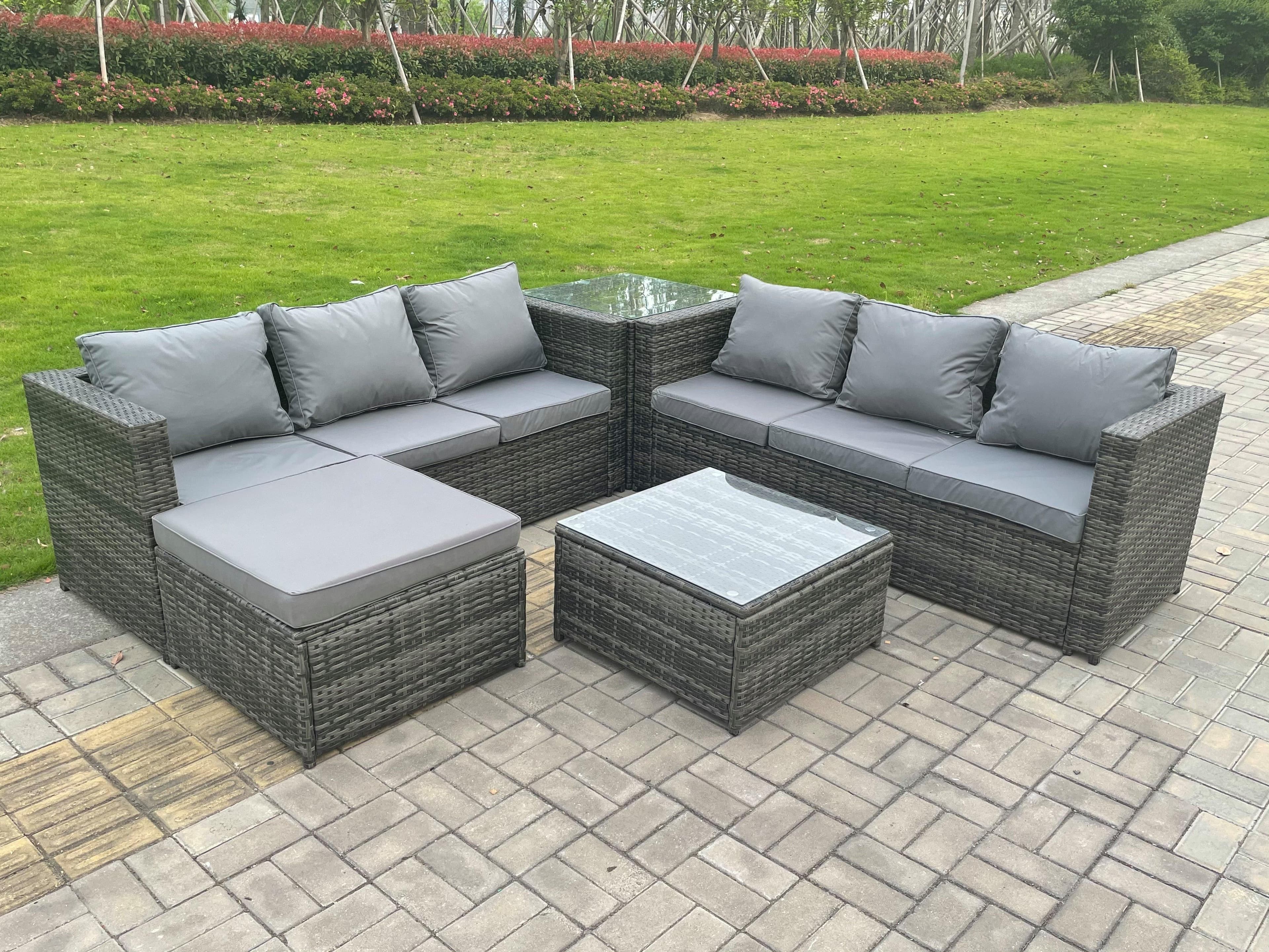 7 Seater Dark Mixed Rattan Corner Sofa Outdoor Garden Furniture 2 Coffee Table Footstool