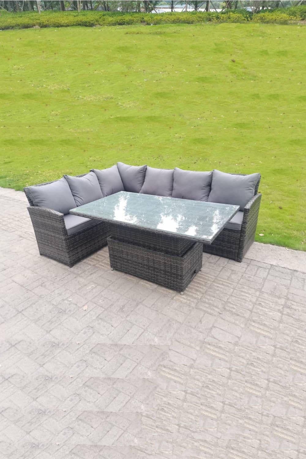 High Back Corner Rattan Sofa Dining Rising Table Height Adjustable 6 Seater