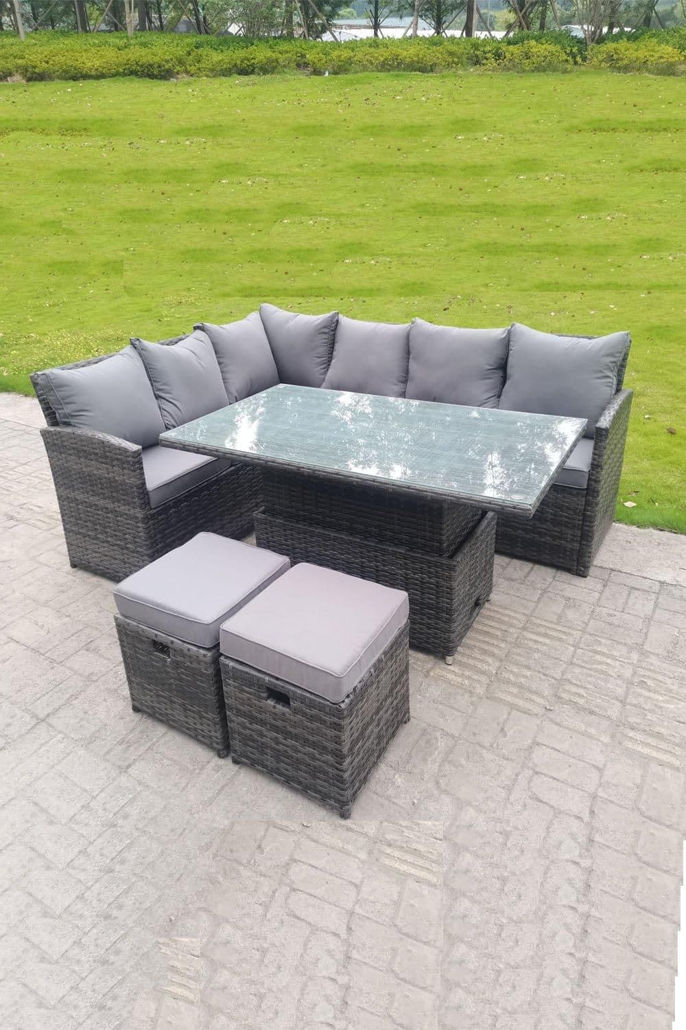 High Back Corner Rattan Sofa Dining Rising Table Height Adjustable 8 Seater 2 Small Foot Stools