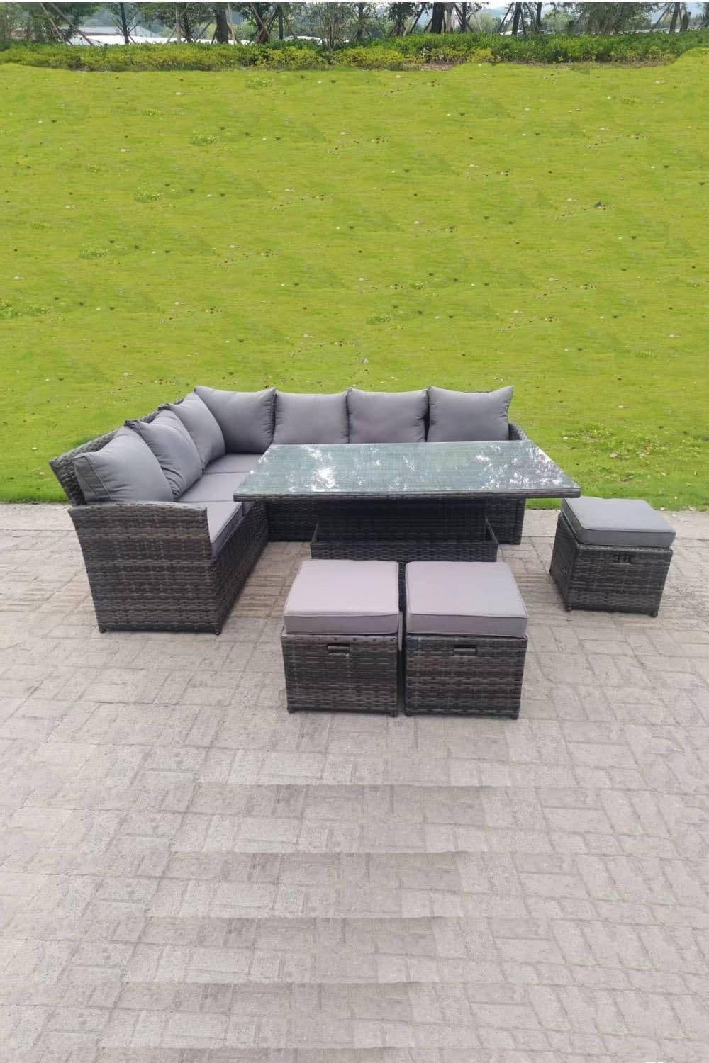 High Back Corner Rattan Sofa Rising Dining Table Height Adjustable 9 Seater 3 Small Foot Stools