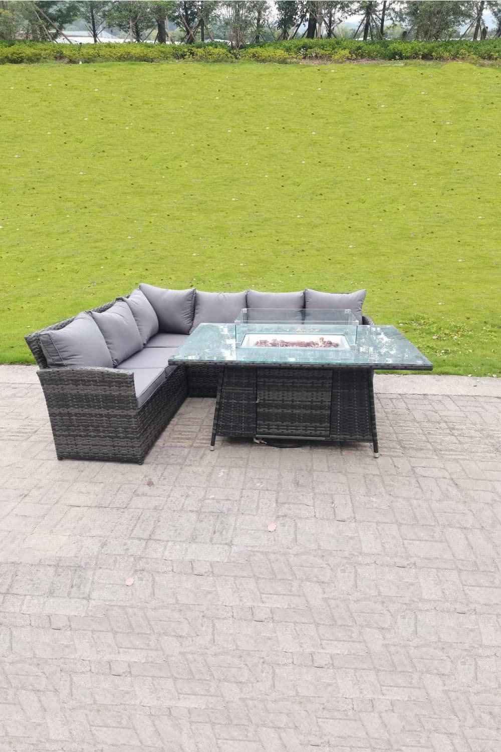 High Back Corner Rattan Sofa Gas Fire Pit Dining Table Gas Heater Sets 6 Seater