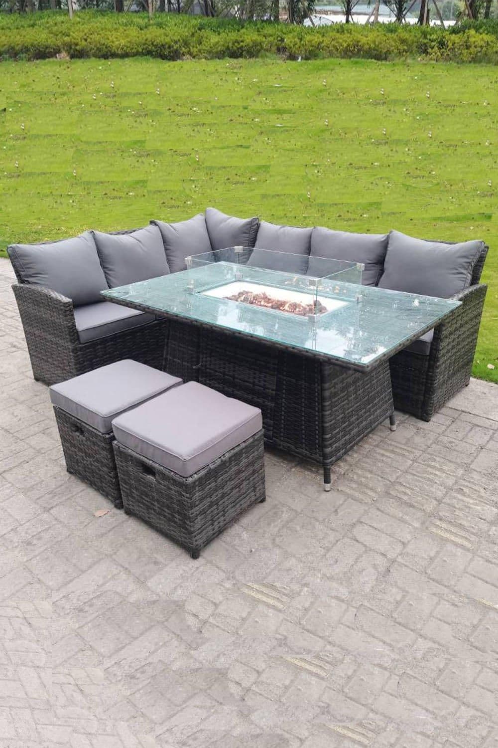 High Back Corner Rattan Sofa Gas Fire Pit Gas Heater Dining Table Sets 8 Seater 2 Small Footstools