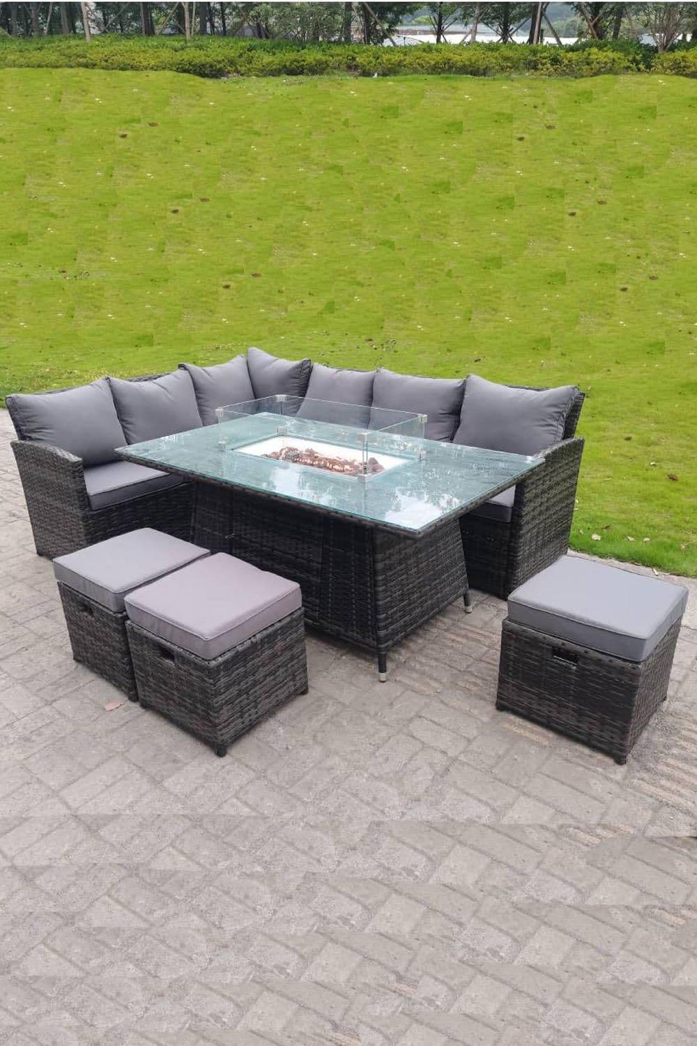 High Back Corner Rattan Sofa Gas Fire Pit Dining Table Sets Gas Heater 9 Seater 3 Small Footstools