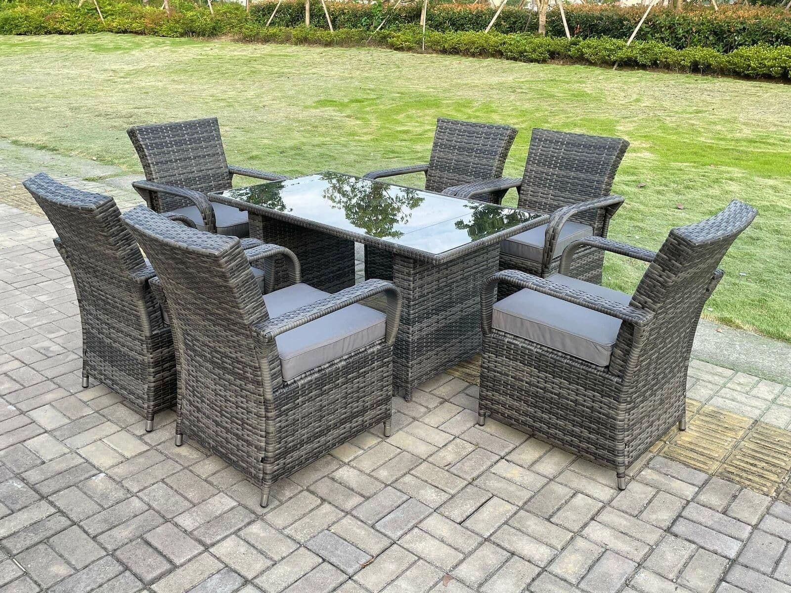 Outdoor Rattan Garden Furniture Dining Set Table Chair Set Wicker Patio 6 Chairs Plus Rectangular Table