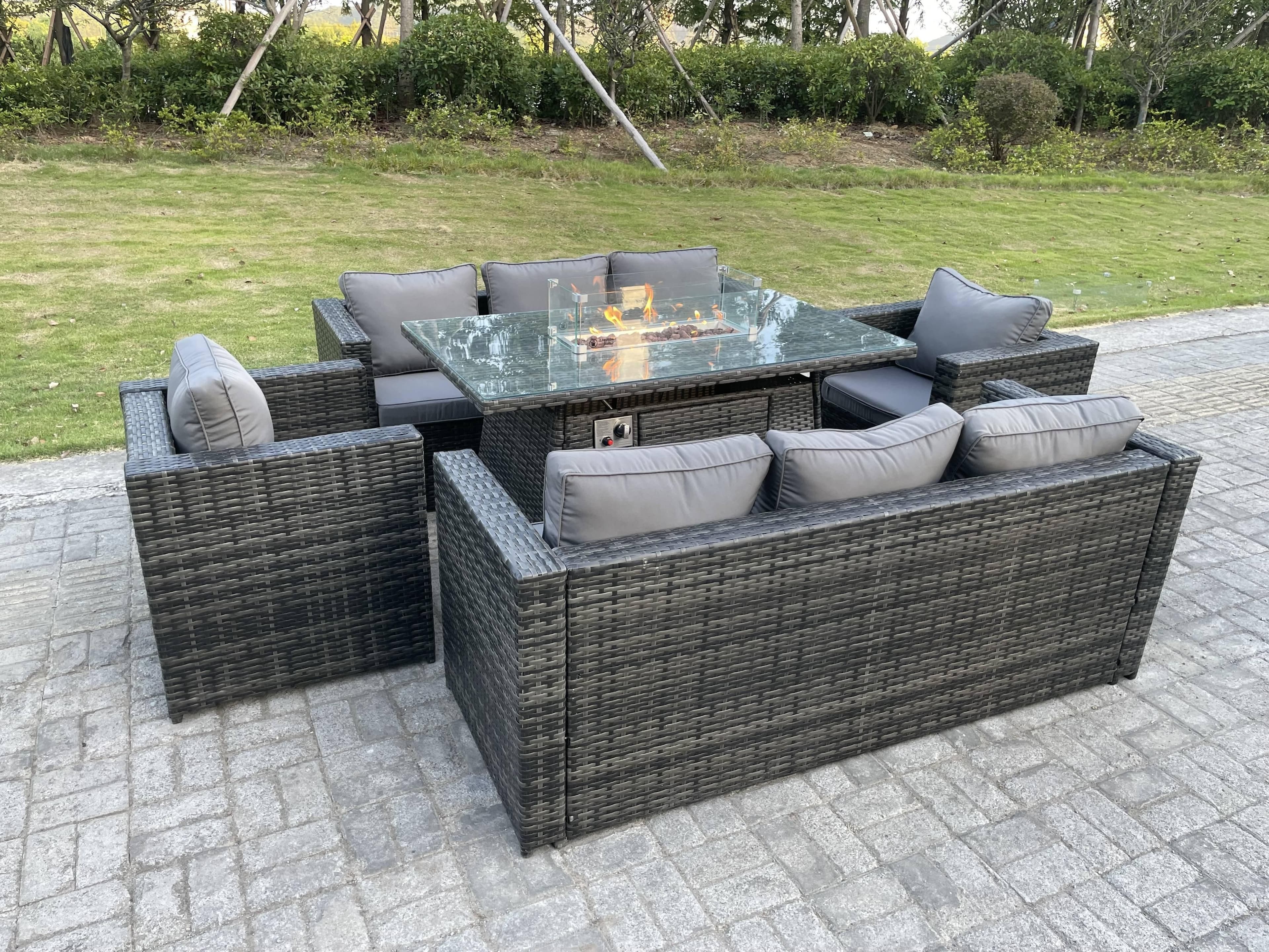 Outdoor Rattan Garden Furniture Gas Fire Pit Table Sets Gas Heater Lounge Chairs Dark Grey 8 Seater
