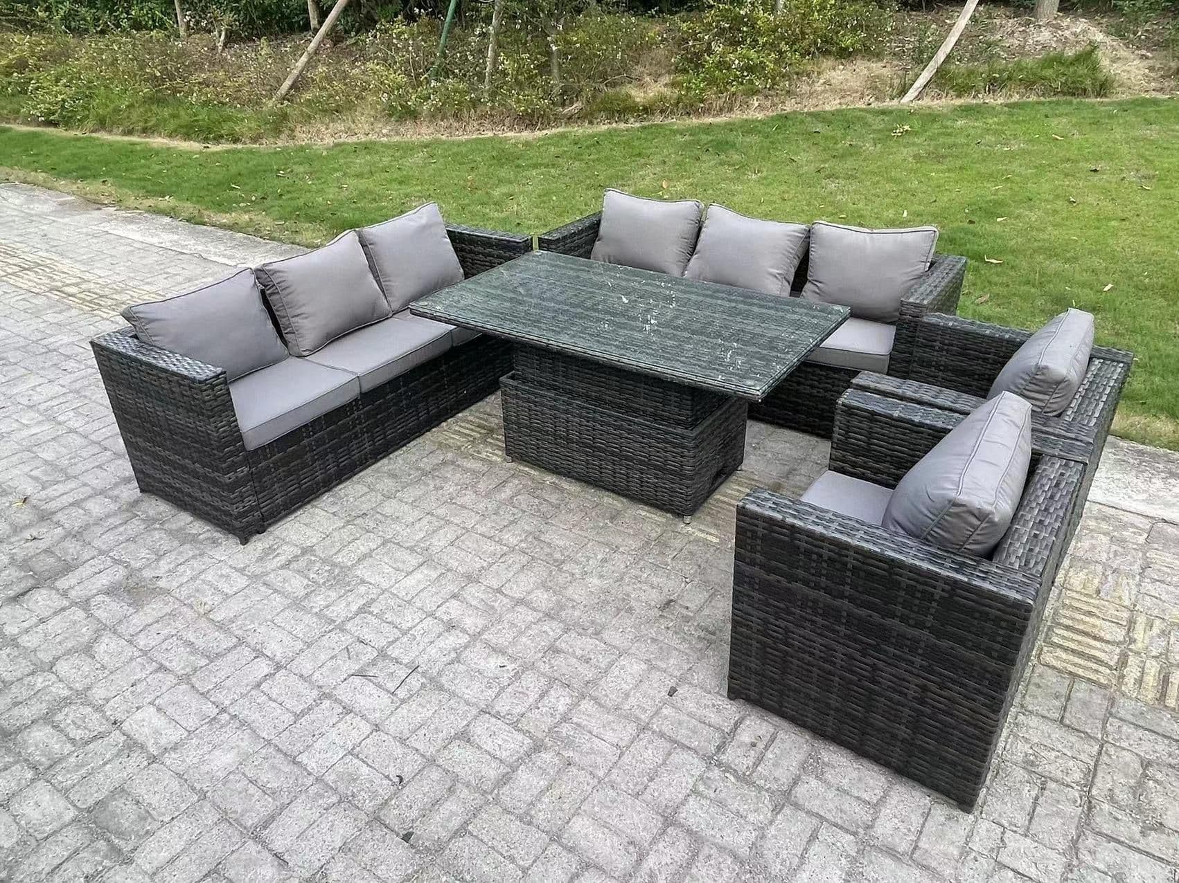 Outdoor Rattan Garden Furniture Height Adjustable Rising Lifting Table Sets Lounge Chairs 8 Seater