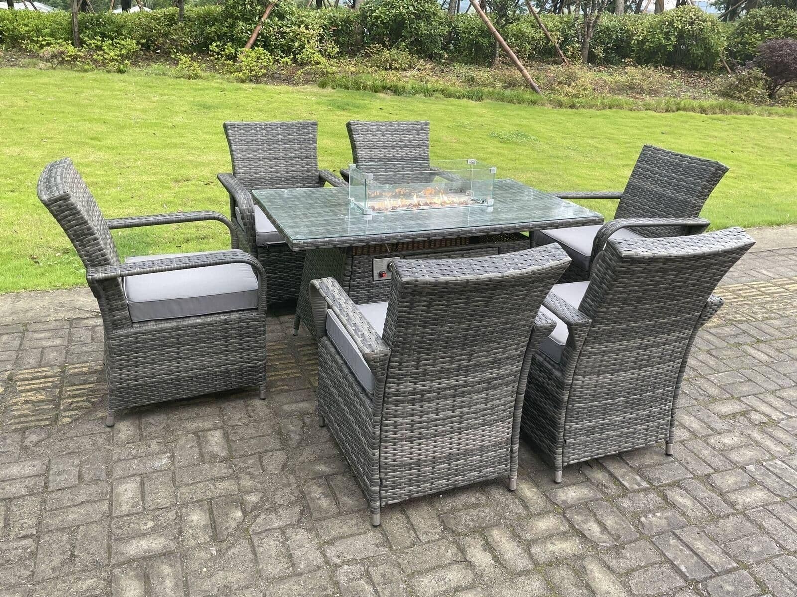 Rattan Garden Furniture Gas Fire Pit Rectangle Dining Table Gas Heater Dining Chairs 6 Seater