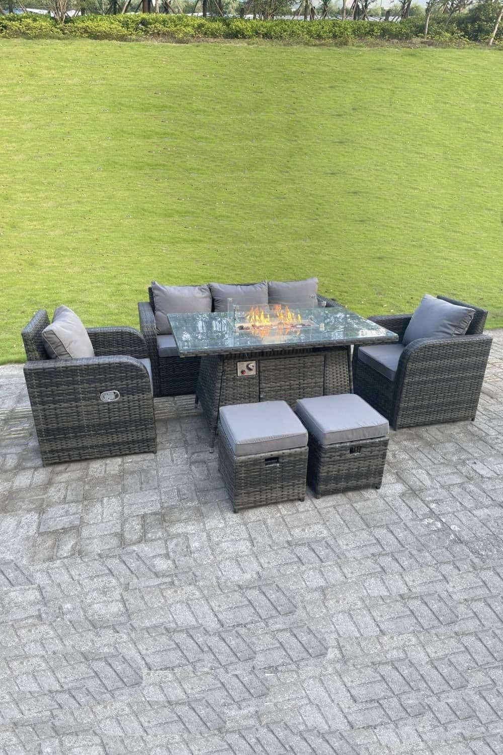 Rattan Outdoor Gas Fire Pit Table Heater Sets Lounge Sofa Recling Chairs Footstools