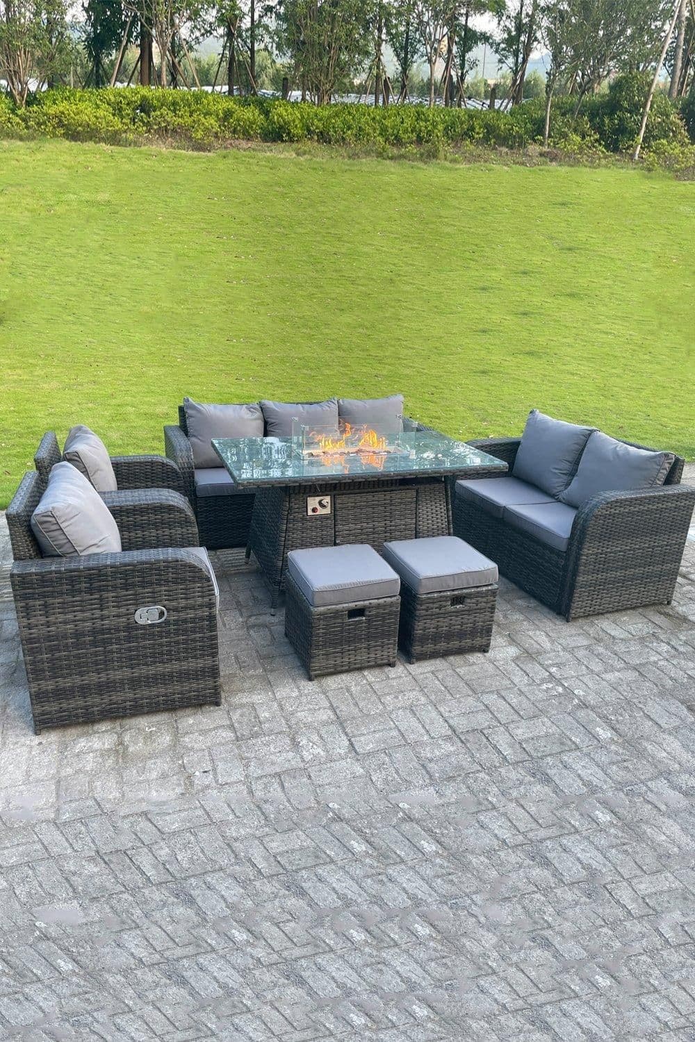 Rattan Outdoor Gas Fire Pit Table Sets Gas Heater Lounge Love Sofa Recling Chairs Footstools