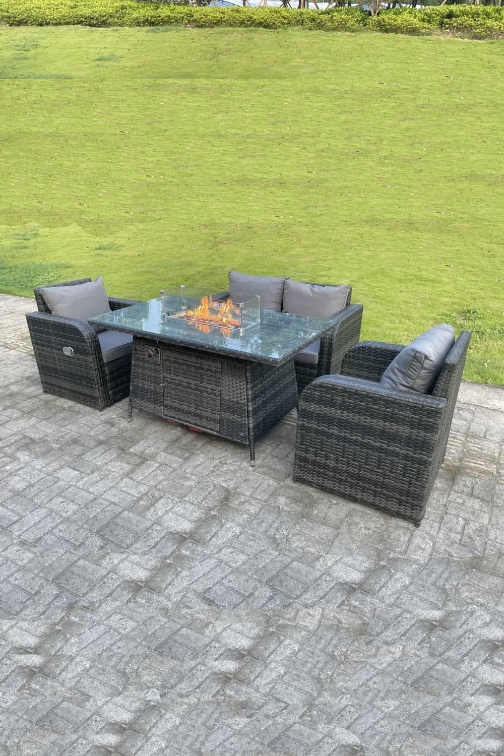 Rattan Outdoor Gas Fire Pit Table Sets Gas Heater Love Sofa Adjustable Chairs