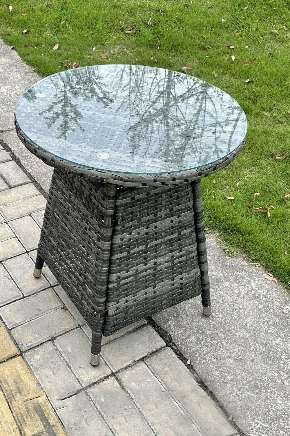 Small Round PE Rattan Dining Table Clear Tempered Glass