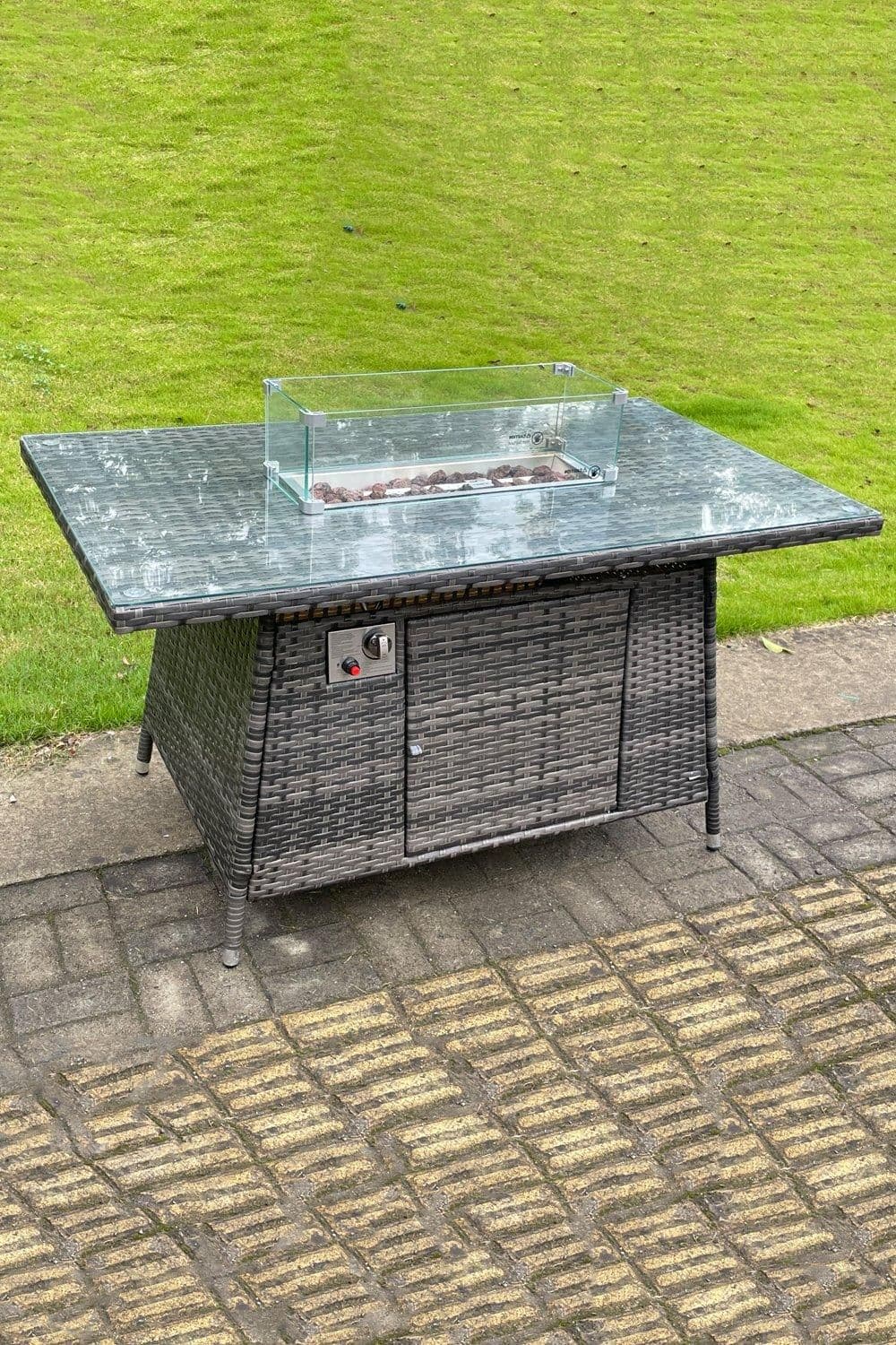 PE Rattan Gas Fire Pit Dining Rectangular Oblong Table Gas Heater Burner