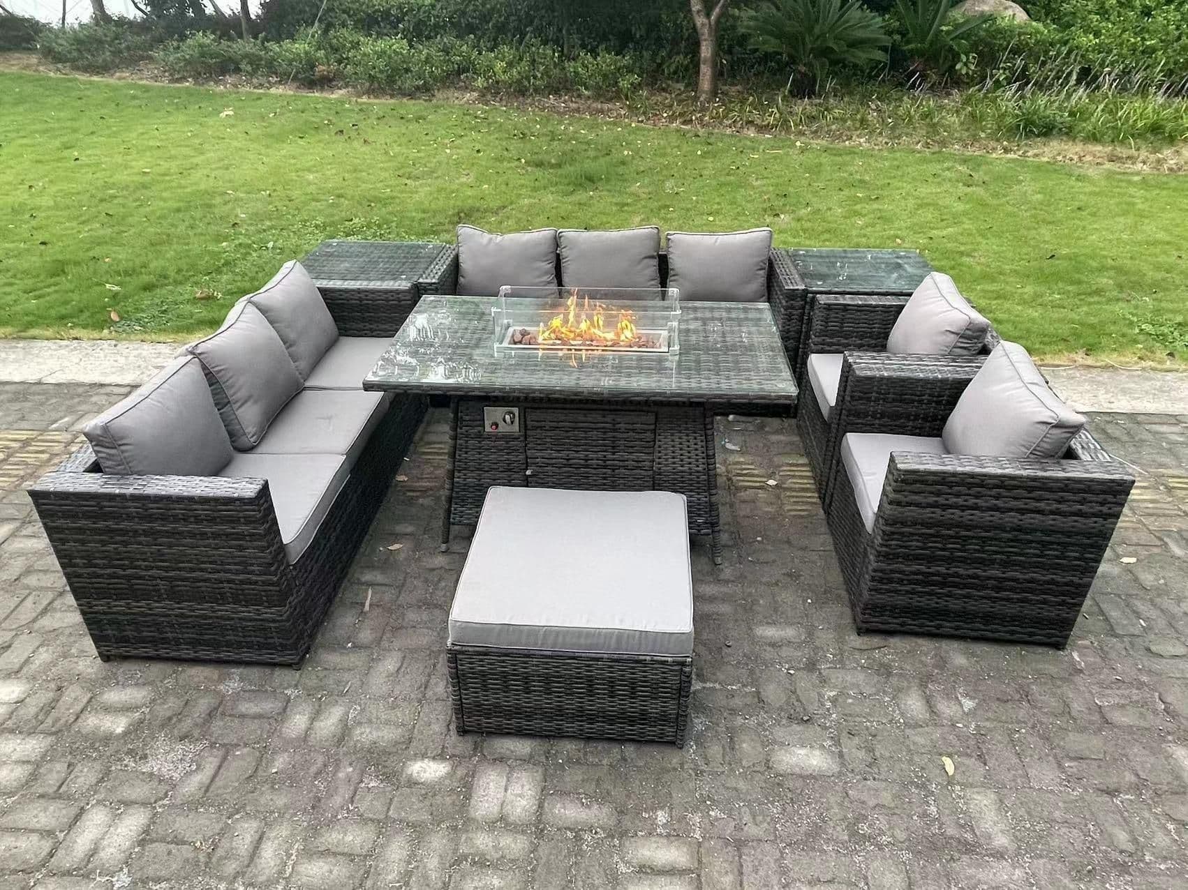 Outdoor Gas Fire Pit Dining Table Sets Heater Lounge Chairs Side Tables 9 Seater